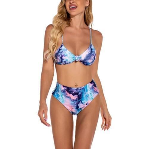 2pcs Women Swimsuits Bikini Set Push-Up Padded Top High Waist Tie Dye Print Backless Bowknot Thong Swimwear Sexy Beachwear 2021