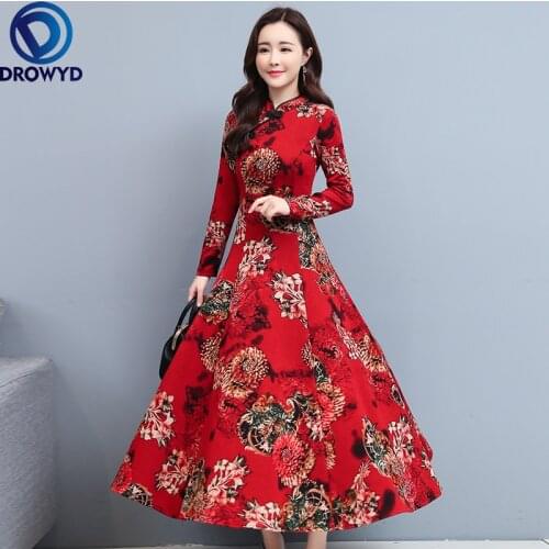 2021 Autumn Red Print Floral Women Bodycon Party Dresses Vintage Casual Long-sleeve Midi Dresses Fashion Elegant Maxi Vestidos