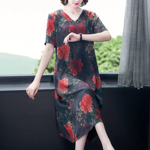 2021 Spring Summer Real Silk Red Floral Midi Dresses 4XL Plus Size Vintage Runway Dresses Elegant Women Bodycon Party Vestidos