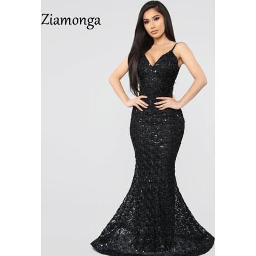 Ziamonga Spaghetti Strap Paillette Sequins Dress Bodycon Maxi Evening Party Dress Women Sexy Patchwork Mermaid Formal Long Dress