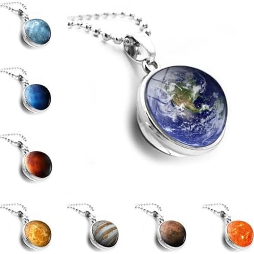 Trendy Universal Galaxy Eight Planets Double Side Glass Round Ball Necklaces & Pendants for Women Gift Female Long Sweater Chain