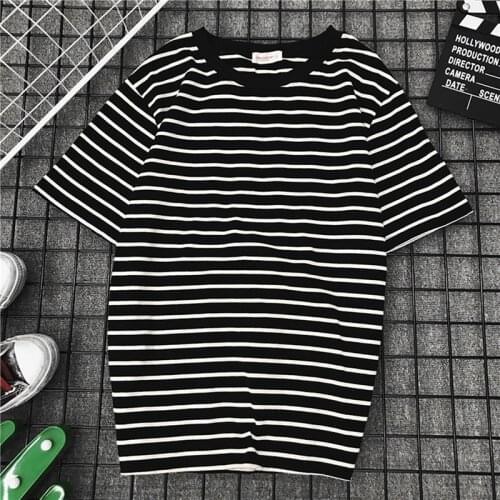 Black White Striped Blouse Fashion New Short Sleeve T Blouse Women Loose Blouse Female Casual Tope Tops Harajuku Blouse