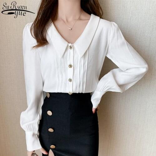 Elegant Polo Collar Womens Shirts Autumn Long Sleeve White Vintage Korean Office Lady Style Womans Blouses Ropa De Mujer 10576