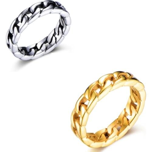New Hip Hop Gold Steel Color Cuban Chain Ring 316L Stainless Steel Wedding Rings for Men Jewelry US Size 8-12 Dropshipping