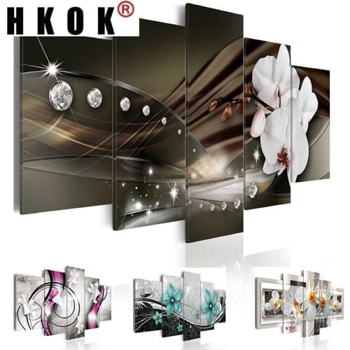 HKOK Modern Painting Canvas 5 Panels Orchids Poster Flowers Wall Pictures Decoration for Living Room Modular Floral Print