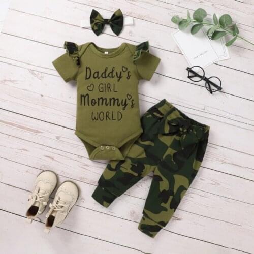Girls Letter Printed Short Sleeve Camouflage Pants Hair Band Three Piece Set for Baby Girl