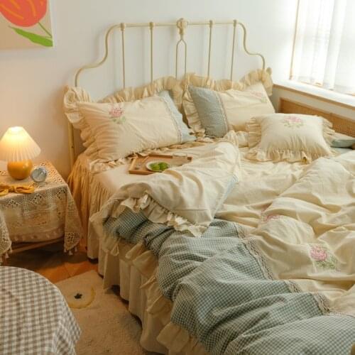 Princess Style Bed Skirt Four-Piece Set All Cotton Pure Cotton Embroidery Flounce Quilt Cover Pastoral Bedding