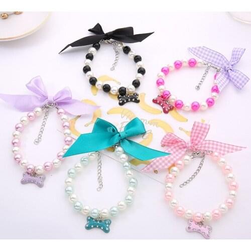 Bowknot Dog Cat Pearls Necklace Collar Lovely Bone Charm Pet Dog Jewelry Accessories for Girl Dogs Cats Pets Accessories