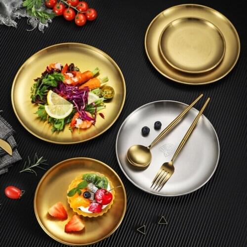 Stainless Steel Storage Tray Dish Plate Tea Tray Kitchen Fruit Snack Dessert Plate Gold Round Cosmetics Jewelry Organizer