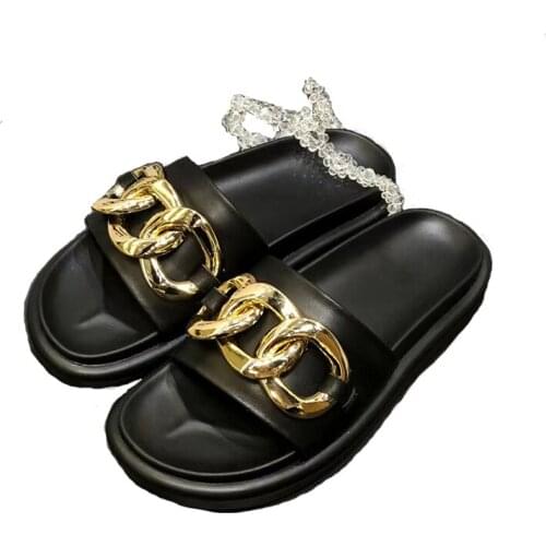Summer Slippers Female Genuine Cowhide Fashion Flat Heel Comfortable Gold Metal Chain Decoration High Quality