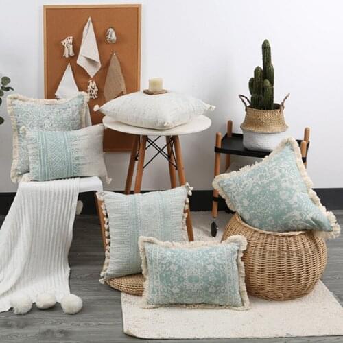 Nordic style Vintage Pillow Case 45x45Cm Green Cushion Cover 30X50Cm Cotton Linen With Tassles For Home Decoration Living Room