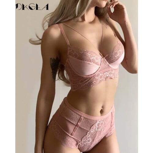 New High Waist Gray Bra Embroidery Lingerie Sets Fashion Brassiere Transparent Black Deep V Lace Underwear Women Bra Set Sexy