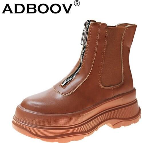 ADBOOV New Front Zip Chelsea Boots Women Patent Leather Platform Ankle Boots Thick Sole Winter Shoes Ladies