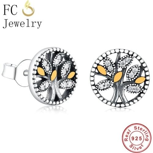 FC Jewelry 925 Sterling Silver Small Tree of Life Cubic Zircon Crystal Enamel For Women Stud Earring Christmas Baby Brincos 2020