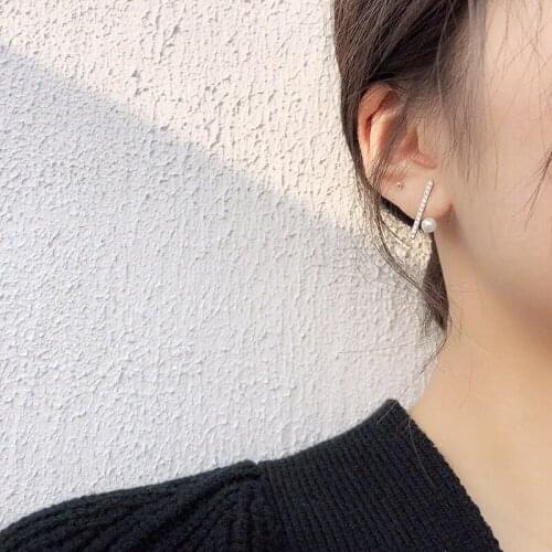 Real 925 sterling silver women stud earrings oorbellen, crystal stick earings silver pendientes muje simulated pearl jewelry