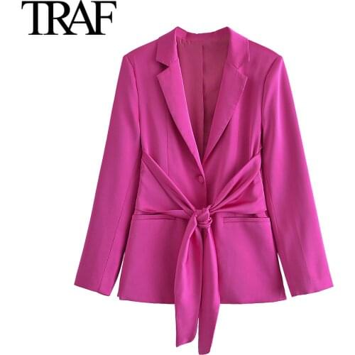 Traf Za Women Clothes Autumn 2021 New Chic Bow Satin Suit Blazers Femme Outerwear High Fashion Jacket Coats