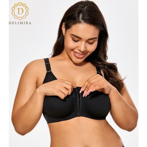 Womens Cotton Full Figure Wire Free Non-padded Back Support Posture Bra Front Closure