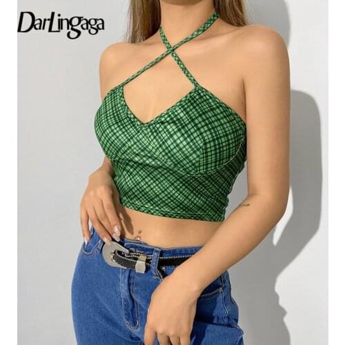 Darlingaga Vintage Fashion Halter Neck Green Plaid Y2K Top Skinny Cami Harajuku Sexy Tops Women 2021 Summer 90s Aesthetic Short
