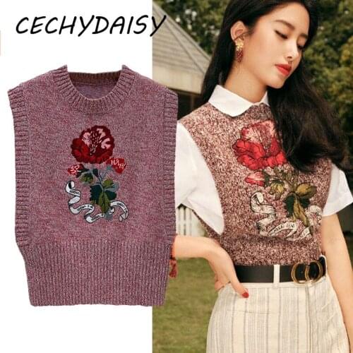 Vintage Flowers Sweater Vest Women O-Neck Sleeveless High Street Designer Knitted Pullover Jumper 2021 New Fashion Y2k Traf Tops