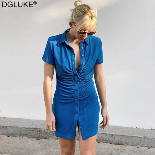 Short Sleeve Ruched Bodycon Dresses For women 2021 Summer Sexy Mini Dress Blue Green Turn-Down Collar Button Up Shirt Dress