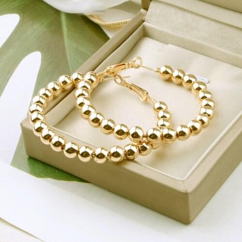 Hgflyxu Gold Color Round Beads Hoop Earring Vintage for Women Gifts Fashion Nice Daily Girl Earrings New Jewelry 2021