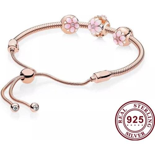 2020 New 925 Sterling Silver Rose Gold Openwork Magnolia Bloom With Crystal Beads Bracelet