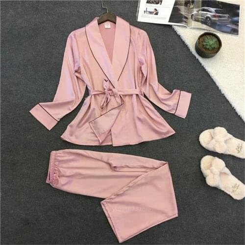 2020 Satin Silk Sexy Pajamas Sets for Women Suit Pink Home Sleepwear Night Long Sleeve Loungewear 2Pcs Clothing Pant