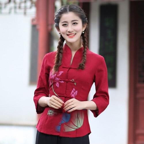 Hot Sale Red Womens Cotton Linen Shirt Tops Traditional Chinese style Blouse tang Clothing Size S M L XL XXL XXXL 2615-1
