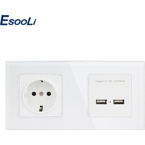 Esooli Wall Crystal Glass Panel 2 Gang Power Socket Grounded 16A EU Electrical Outlet With Dual USB Smart Charging Port 5V 2A