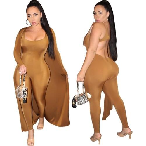 FNOCE 2020 autumn new womens sets sexy nightclub fashion casual solid tight hole sexy jumpsuit and long coat 2-pc set suits