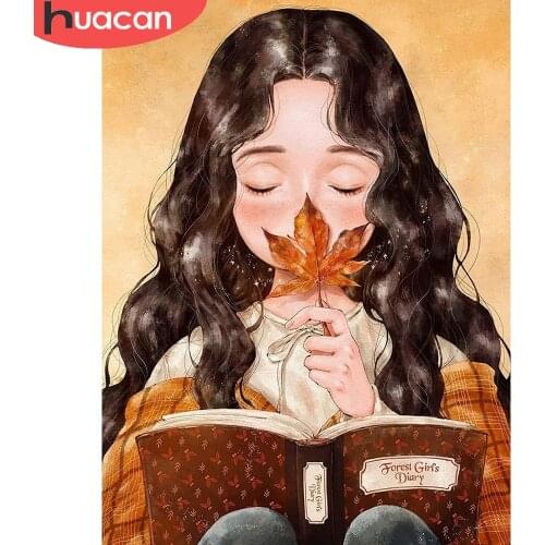 HUACAN 5D Diy Diamond Painting Girl Wall Sticker Embroidery Mosaic Maple Leaf Childrens Room Decor