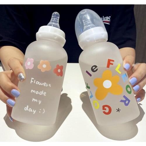 Cute Flowers Pacifier Baby Bottle Water Cup With Straw Frosted Transparent Water Bottles For Girls BPA Free Kids Drinking Cups