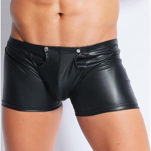 Mens Lingerie Shiny Patent Leather Open Penis Ring Latex Short Underwear Underpants Sexy Gay Panties Back Zipper Open Crotch NEW