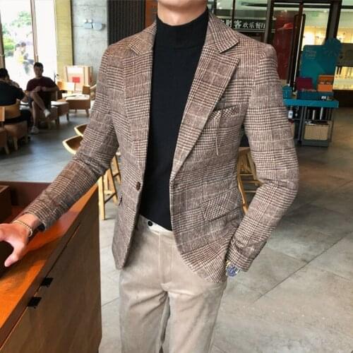 2020 Mens Tweed Peak Lapel One Button Houndstooth Check Blazer Coat BROWN British Style Overcoat Tailored