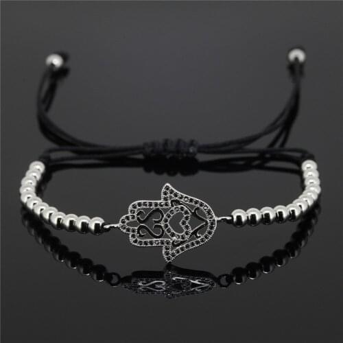 2020 New Couple Unisex Bracelet,Micro Pave CZ Hamsa Connector & Black Round Bead Braiding Macrame Evil Eye Women Men Bracelet