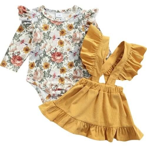 New Baby Girl’s Two Piece Suit Fashion Flower Long Sleeve Romper and Solid Color Suspender Skirt