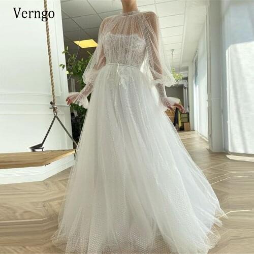 Verngo 2021 Fairy Dotted Tulle A line Wedding Dresses For Bridal Puff Long Sleeves High Neck Lace Underneath Bridal Gowns
