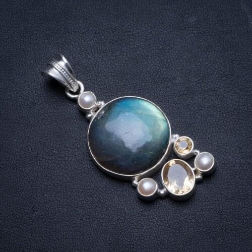 Natural Blue Fire Labradorite,River Pearl and Citrine 925 Sterling Silver Pendant 2.25" U0624