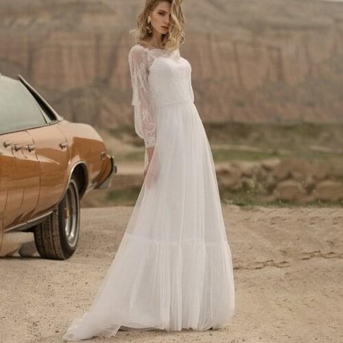 Plus Size Beach Princess Wedding Dress Boat Neck Long Sleeves Lace Custom Made Floor Length Maxi Seaside Tulle Bridal Gowns