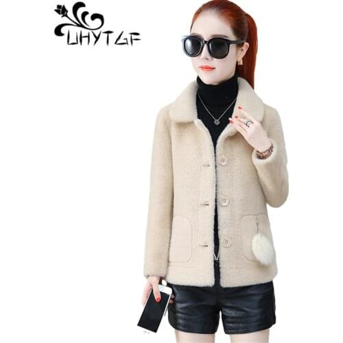 UHYTGF New Fashion Autumn Winter Coat Women Quality Gold Mink Fleece Fur Jacket Pure Color Wild Casual Warm Short Outerwear 1181