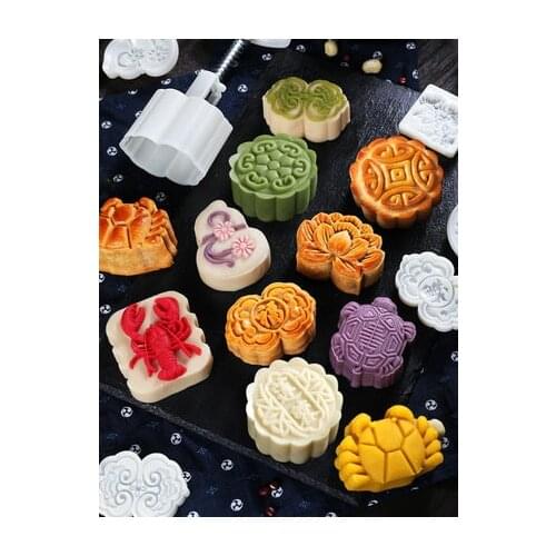 Mid-Autumn Mooncake Mould Set Cartoon Pastry Ice Skin Embossing Mold Green Bean Cake Tools Hand pressure mold + motif