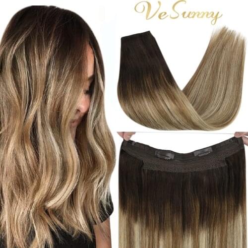 VeSunny Remy Halo Hair Extensions 100% Real Human Hair Invisible Wire Hair Extensions Real Hair with 2 Clips #2/6/24