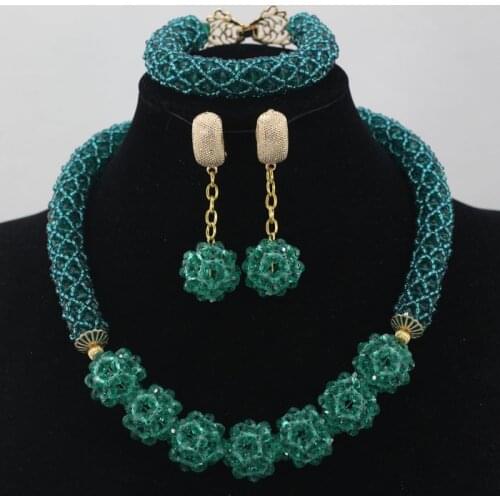 Glamorous Teal Green Wedding African Beads Jewelry Set Chunky Necklace Ball Chain Earrings Beads Set Free Shipping QW760