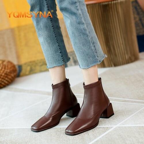 YQMSYNA Casual Ankle Boots Women Genuine Leather Square Heel Sewing Solid Boots Comfortable Square Head Zipper Lady Shoes AS307