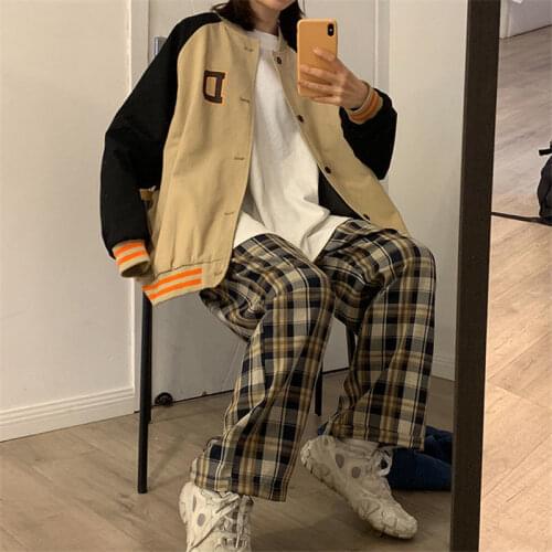 QWEEK Plaid Pants Women High Waist Plus Size Checkered Pants for Women Korean Palazzo Pants Winter Oversized Women Trousers