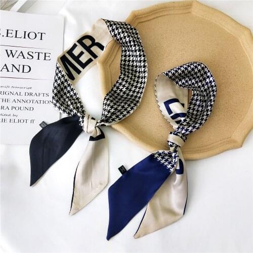 Women Silk Hair Scarf Skinny Bag Scarves Fashion Plaid Silk Scarf For Ladies Long Strip Arm scarf Neckerchief Small Ribbon scarf