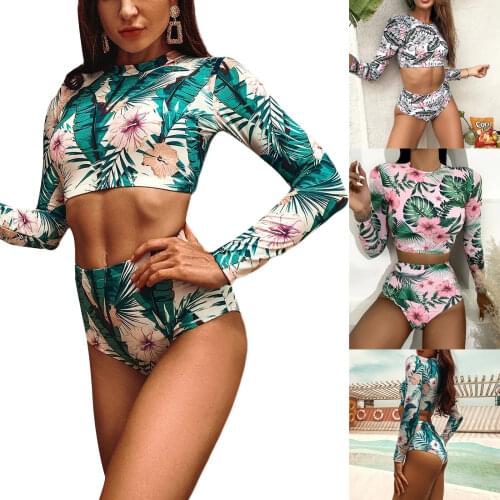 2 Pieces Bathing Suit Set Female Floral Print Round Neck Long Sleeve Crop Tops+ Bikini Panties for Summer