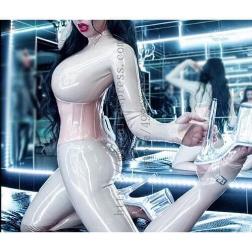 White latex zentai womens Fetish tight bodysuit including socks and gloves made of 0.4mm thickness natural latex materials