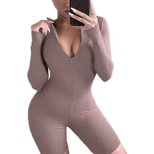2021 Womens Casual Bodycon Rompers Soild Color Long Sleeve Zip Up V Neck Jumpsuit Shorts Sprots Playsuits Outfits