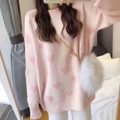 2021 Women Warm Long Sleeve Sweater Fall Winter Casual Print Pink O Neck Loose Pullover Knitted Coat Sweet Heart Pattern Sweater
